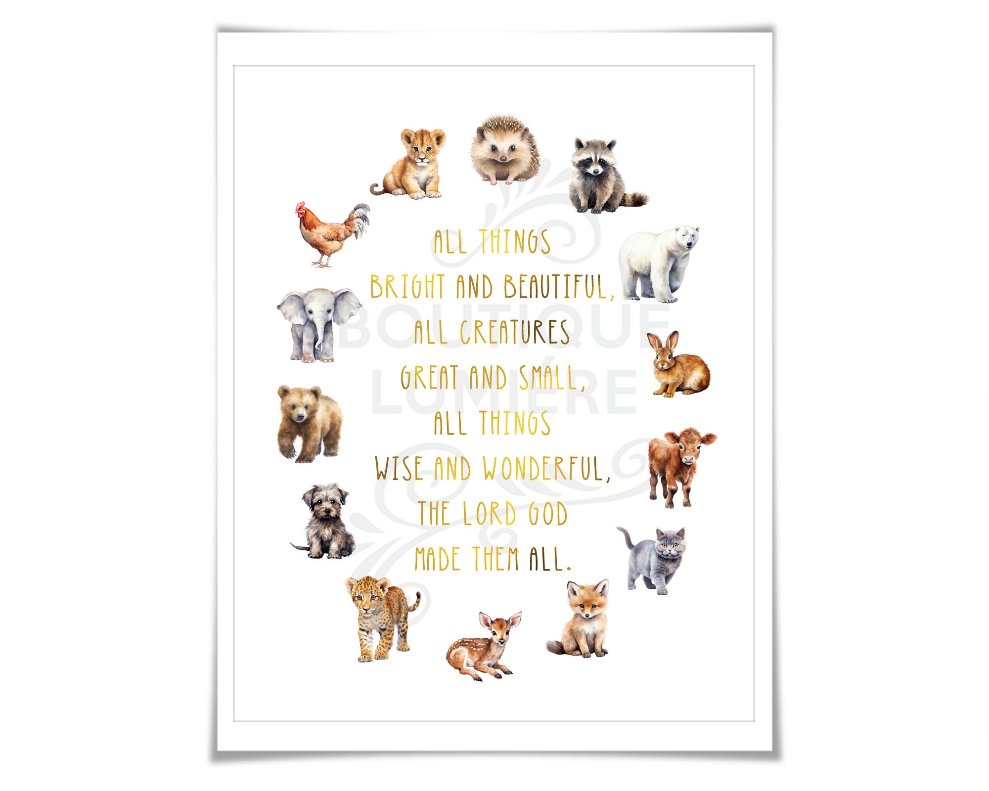 All Creatures Great and Small Quote Gold Foil Art Print