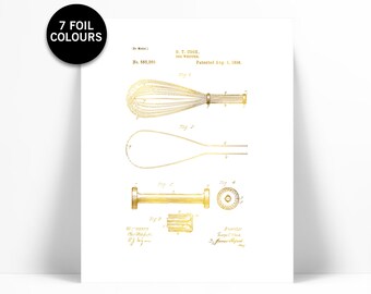 Egg Whisk Patent Drawing Gold Foil Art Print - Antique Vintage Whisk Poster - Cooking Baking Kitchen Chef Poster - Gadget Utensil Wall Art