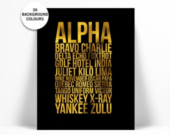 Alpha Bravo Charlie Gold Foil Art Print - Phonetic Alphabet Poster - Aviation Wall Decor - NATO Spelling - Military - Pilot Gift - Airplane