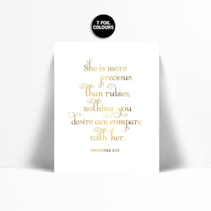 Hon är mer värdefull än rubiner - Guldfolietryck - Inspirerande poster - Ordspråksboken 3:15 Konst - Guldfärgad barnrumskonst - Biblisk konst - Skrift