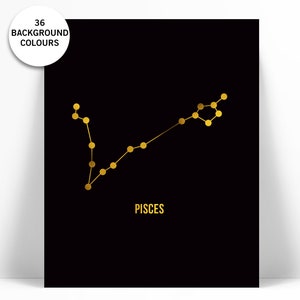 Impression d'art poissons - impression feuille d'or - affiche astrologie - constellation d'étoiles du zodiaque - affiche poissons feuille d'or - anniversaire horoscope Poissons