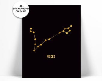 Pisces Art Print - Gold Foil Print - Astrology Poster - Zodiac Stars Constellation - Gold Foil Pisces Poster - Pisces Horoscope Birthday