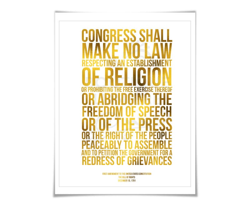 First Amendment US Constitution Bill of Rights Gold Foil Art Print ...
