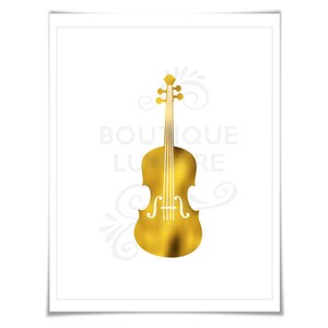 May include: A gold foil print of a violin on a white background. The print has the text "Boutique Luxe" in white.