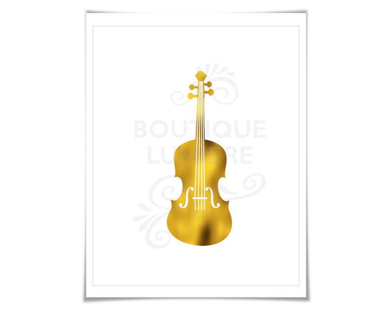 May include: A gold foil print of a violin on a white background. The print has the text "Boutique Luxe" in white.