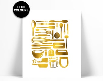 Kitchen Utensils - Gold Foil Print - Cooking Art - Gold Foil Kitchen Art - Kitchen Art - Kitchen Decor - Gift for Chef - Retro Kitchen Art