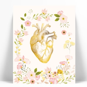 Human Heart Anatomical Gold Foil Art Print - Real Gold Foil - Anatomy Wall Art - Anatomical Wall Art - Pink Floral Wall Art - Medical Art