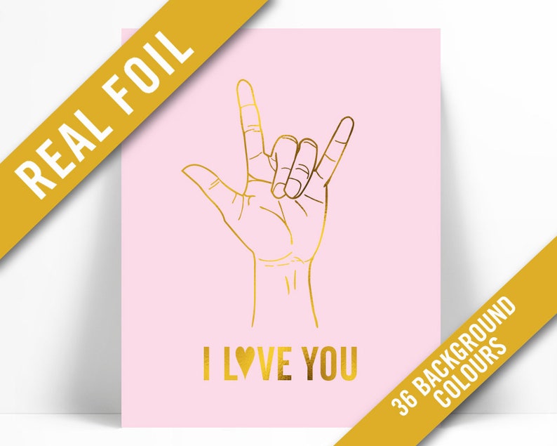 Hand Drawing Wall Art Hand Poster Nursery Art ASL Love Poster American Sign Language I Love You Gold Foil Art Print Heart Wall Art