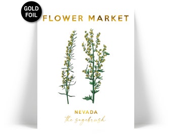 Flower Market Gold Foil Art Print - Nevada State Flower Wall Art - Sagebrush Poster Art - Floral Botanical Plant - Flower Shop Decor Gift