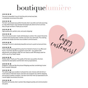 May include: A collection of positive customer reviews for a business called "boutiquelumi&egrave;re". The reviews highlight the quality of the products, the speed of shipping, and the excellent customer service. The reviews are displayed on a white background with a pink heart that says "happy customers!"