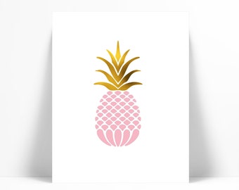 Gold Foil Pink Pineapple Art Print - Food Poster - Real Foil Kitchen Wall Art Print - Gold Food Art - Gift for Chef - Tropical Fruit Art