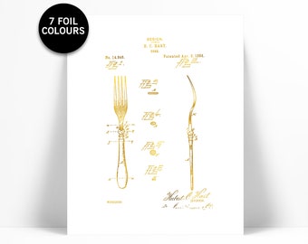 Fork Patent Drawing Gold Foil Art Print - Antique Vintage Fork Poster - Cooking Baking Kitchen Chef Poster - Gadget Utensil Wall Art