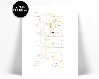 Electric Lighting System Patent Illustration Gold Foil Art Print - Vintage Patent Poster - Thomas Edison Art - Electrician Gift Wall Art