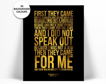 First They Came Poem Gold Foil Art Print - Martin Niemöller Holocaust Poetry - Political Racism Civil Human Rights - Immigration Refugee Ban