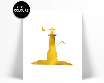 Gold Foil Lighthouse Art Print - Gold Foil Print - Nautical Wall Art - Beach Decor - Boating Art - Cottage Art - Lighthouse Poster - Nursery
