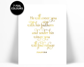 He Will Cover You With His Feathers - Real Gold Foil Print - Psalm 91:4 - Gold Bible Verse - Scripture Art Print - Christian Quote Wall Art