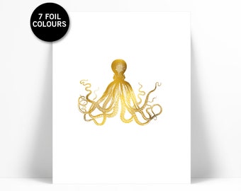 Octopus Art Print - Real Gold Foil Print - Nautical Art Print - Octopus Poster - Cottage Wall Art - Beach House Decor - Sea Life Art Print