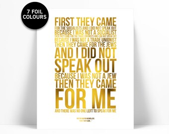 First They Came Poem Gold Foil Art Print - Martin Niemöller Holocaust Poetry - Political Racism Civil Human Rights - Immigration Refugee Ban