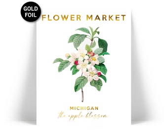 Flower Market Gold Foil Art Print - Michigan State Flower Wall Art - Apple Blossom Poster - Floral Botanical Plant Art - Flower Shop Decor
