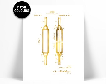 Rolling Pin Patent Drawing Gold Foil Art Print - Rolling Pin Poster - Cooking Baking Kitchen Chef Poster - Utensil Wall Art - Bakery Cafe