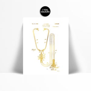 Stethoscope Illustration Gold Foil Patent Art Print - Stethoscope Poster - Doctor Gift - Stethoscope Wall Art - Medical Art - Hospital Decor