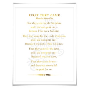 First They Came Poem Gold Foil Art Print - Martin Niemöller Holocaust ...