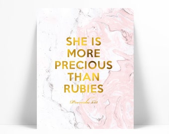 She is More Precious Than Rubies Gold Foil Art - Marble Art - Proverbs 3:15 - Nursery Art - Biblical Quote - Scripture Art - Christian Quote