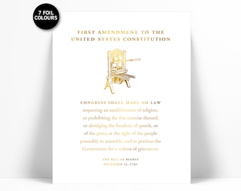 First Amendment US Constitution Bill of Rights Gold Foil Art Print - Freedom of Speech Free Press - American History - Human Civil Rights
