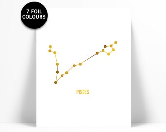 Pisces Art Print - Gold Foil Print - Astrology Poster - Zodiac Stars Constellation - Gold Foil Pisces Poster - Horoscope Birthday Present