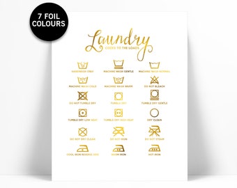 Laundry Symbols - Real Gold Foil Print - Laundry Room Poster - Infographic Art - Laundry Rules Print - Laundry Art - Laundry Procedures Sign