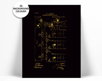 Electric Lighting System Patent Illustration Gold Foil Art Print - Vintage Patent Poster - Thomas Edison Art - Electrician Gift Wall Art