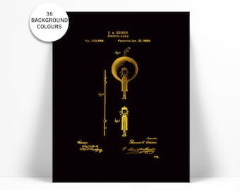 Lightbulb Patent Illustration - Gold Foil Lamp Print - Vintage Lightbulb Poster - Thomas Edison Art - Electrician Gift - Lightbulb Wall Art