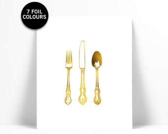 Cutlery Art Print - Gold Foil Print - Knife Fork Spoon Art - Vintage Cutlery Art Print - Cooking Art - Gold Foil Kitchen Art - Kitchen Art