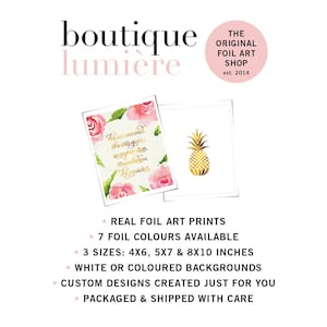 May include: A set of real foil art prints featuring a watercolour floral design and a gold pineapple design. The prints are available in 7 foil colours and 3 sizes: 4x6, 5x7, and 8x10 inches. The prints can be ordered with white or coloured backgrounds and custom designs can be created. The prints are packaged and shipped with care.