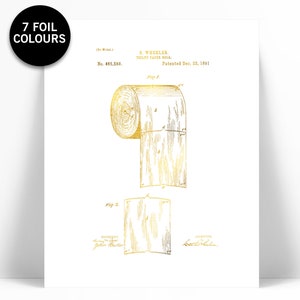 Ilustración de patente de rollo de papel higiénico con impresión en papel dorado - Póster de papel higiénico - Arte de baño - Impresión artística de rollo de papel higiénico - Decoración de baño vintage