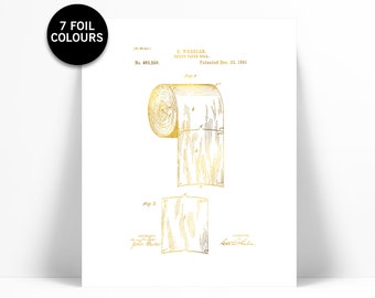 Toilet Paper Roll Patent Illustration Gold Foil Print - Toilet Paper Poster - Bathroom Art - Toilet Roll Art Print - Vintage Bathroom Decor