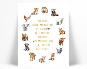 All Creatures Great and Small Quote Gold Foil Art Print - Watercolor Animals Poster - Nursery Decor - Bright Beautiful - Children's Hymn Art