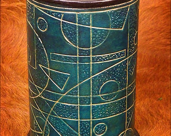 Handmade leather 'art deco' cylindrical trinket box