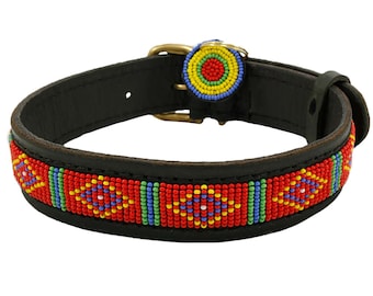 Mombasa Red Hand Beaded Leather Dog Collar