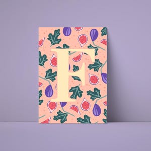 Póster de la letra F: Imagen digital ABC con higos | Decoración de pared habitación infantil | Arte de letras felices para imprimir