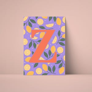 Póster de la letra Z: imagen digital ABC con limones | Decoración de pared habitación infantil | Arte de letras felices para imprimir