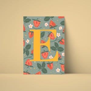 Póster de la letra E: Imagen digital ABC con fresas | Decoración de pared habitación infantil | Arte de letras felices para imprimir