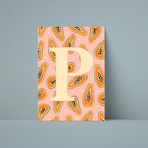 Póster de la letra P: Imagen digital ABC con papaya | Decoración de pared habitación infantil | Arte de letras felices para imprimir
