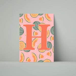 Póster de la letra H: imagen digital ABC con melón dulce | Decoración de pared habitación infantil | Arte de letras felices para imprimir