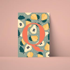 Póster de la letra Q – Imagen digital ABC con membrillo | Decoración de pared habitación infantil | Arte de letras felices para imprimir