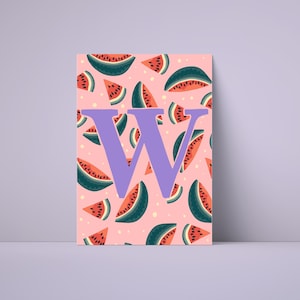 Póster de la letra W: imagen digital ABC con sandía | Decoración de pared habitación infantil | Arte de letras felices para imprimir