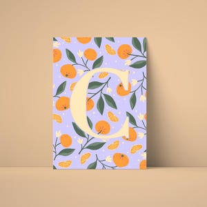 Póster de la letra C: Imagen digital ABC con clementinas | Decoración de pared habitación infantil | Arte de letras felices para imprimir