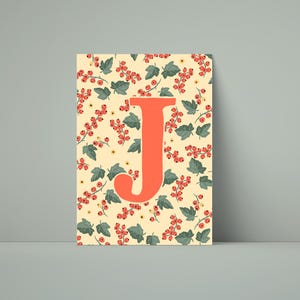 Póster de la letra J: imagen digital ABC con grosella | Decoración de pared habitación infantil | Arte de letras felices para imprimir