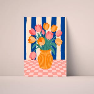 Póster digital con tulipanes en jarrón | Decoración de pared colorida | Arte floral para imprimir | Ilustración feliz | Arte imprimible A4