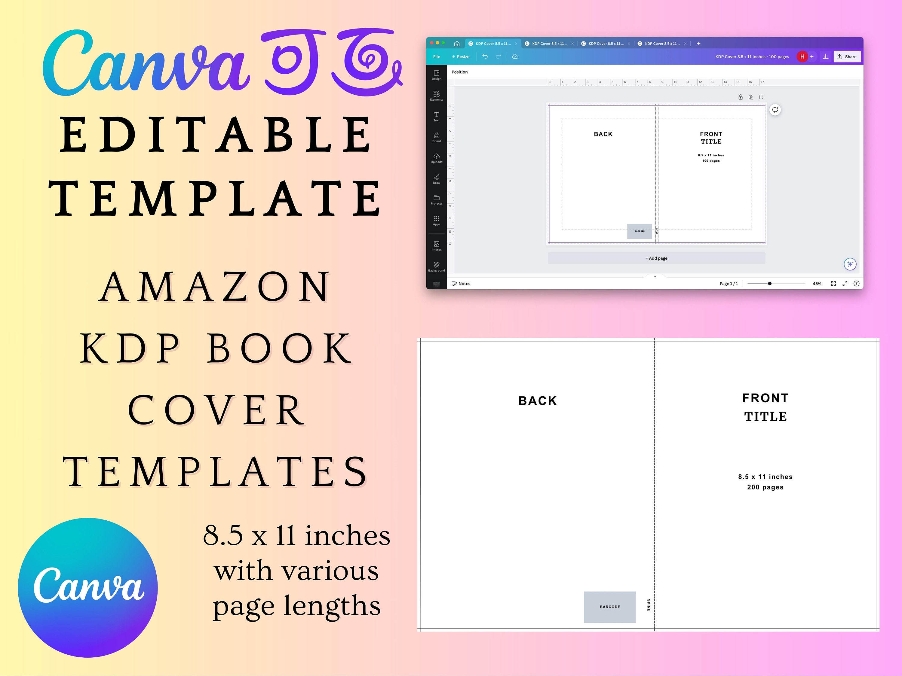 KDP Amazon Book Covers 8.5 X 11 Inches, Editable Canva Templates